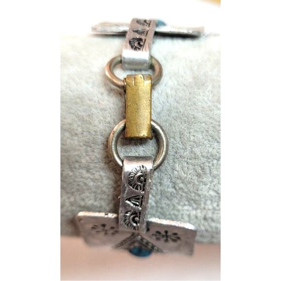 Southwestern Hammered Aluminum Panel Bracelet Foldover Clasp Vtg Rustic Design - Picture 7 of 12